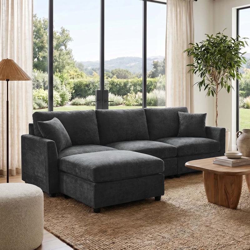 Conjunto de sofá modular en forma de L estilo «nube» – Sofá seccional de chenilla con otomana, cojines con muelles ensacados, diseño reconfigurable, tejido resistente a la formación de bolitas
