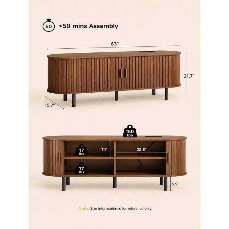 ONBRILL Modern Fluted TV Stand for Up to 70-Inch TVs - Sliding Doors and Storage