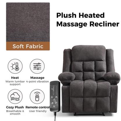 Sillón reclinable manual con masaje y calor, sillón de tela con portavasos y bolsillos de almacenamiento, cómodo y transpirable para la sala de estar