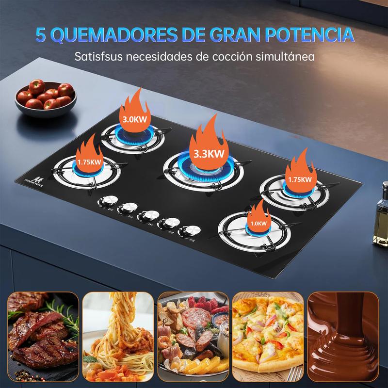 Estufa de Gas Empotrable 5 Quemadores, Vidrio Templado, Rejillas de Hierro Fundido, Encendido Automático, Alta Potencia 48300 BTU para Cocina Moderna