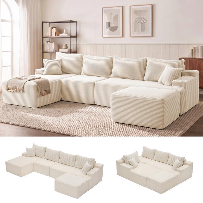 【1-2 paquetes】Sofá cama modular en forma de U/L de 118 pulgadas (sin estructura rígida), incluye 2 cojines; sofá modular extragrande de 6 plazas, cómodo sofá tipo «nube» tapizado en pana con asientos profundos, mullido y acogedor para la sala de estar; no