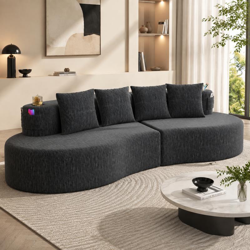 Sofá modular moderno en forma de L (sin estructura rígida visible) – Sofá de 3 plazas, cómodo y en tonos neutros, con reposabrazos horizontal, diseño curvo en forma de media luna, estética depurada, distribución flexible; ideal para la decoración de salas