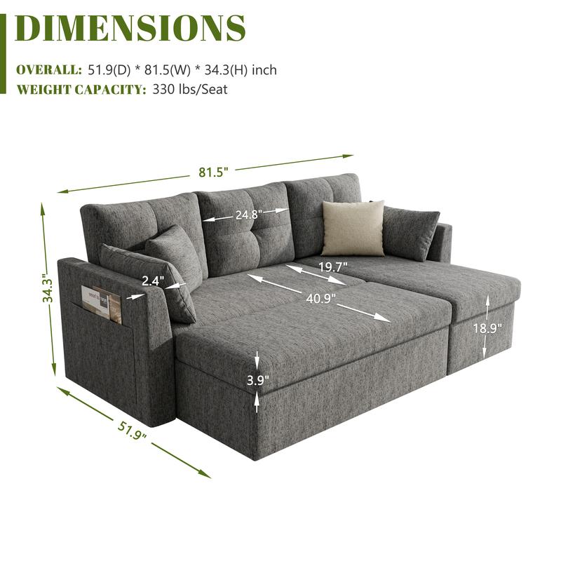 Sofá cama extragrande, sofá convertible 2 en 1 de 106 pulgadas con chaise longue y doble espacio de almacenamiento, sofá cama modular con bolsillo lateral para la sala de estar #sofácama