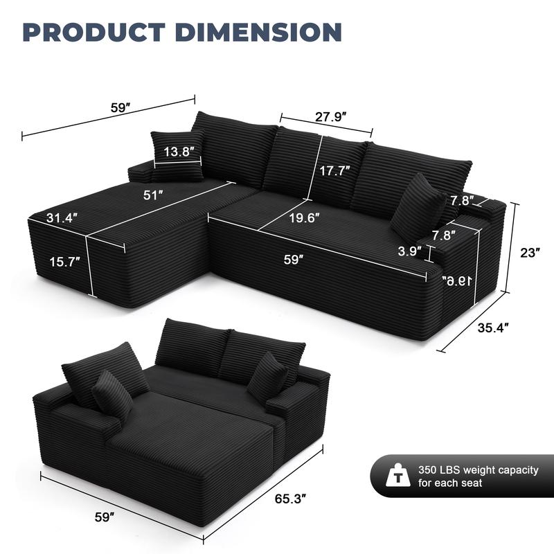 【1-2 paquetes】Sofá cama modular en forma de U/L de 118 pulgadas (sin estructura rígida), incluye 2 cojines; sofá modular extragrande de 6 plazas, cómodo sofá tipo «nube» tapizado en pana con asientos profundos, mullido y acogedor para la sala de estar; no