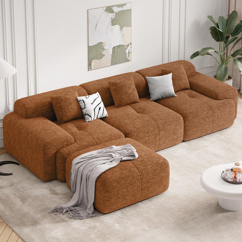 Sofá seccional en forma de L, robusto y tapizado (122 pulgadas) – Sofá moderno de 4 plazas en tejido tipo chenilla, modelo tipo «nube»; sofá convertible preensamblado con brazos fijos, tela transpirable y otomana configurable para la sala de estar. La oto