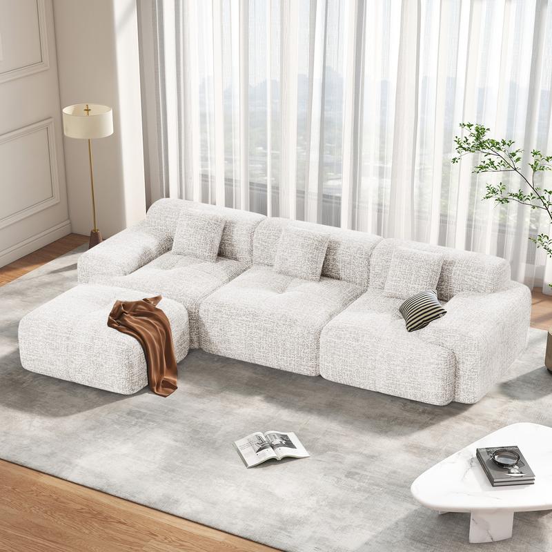 Sofá seccional en forma de L, robusto y tapizado (122 pulgadas) – Sofá moderno de 4 plazas en tejido tipo chenilla, modelo tipo «nube»; sofá convertible preensamblado con brazos fijos, tela transpirable y otomana configurable para la sala de estar. La oto