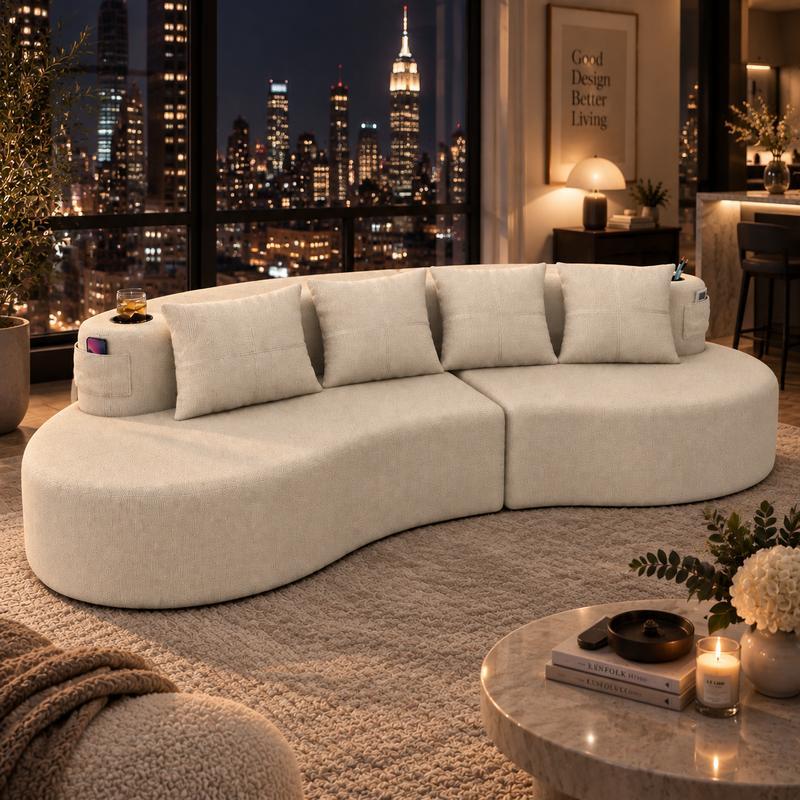 Sofá modular moderno en forma de L (sin estructura rígida visible) – Sofá de 3 plazas, cómodo y en tonos neutros, con reposabrazos horizontal, diseño curvo en forma de media luna, estética depurada, distribución flexible; ideal para la decoración de salas