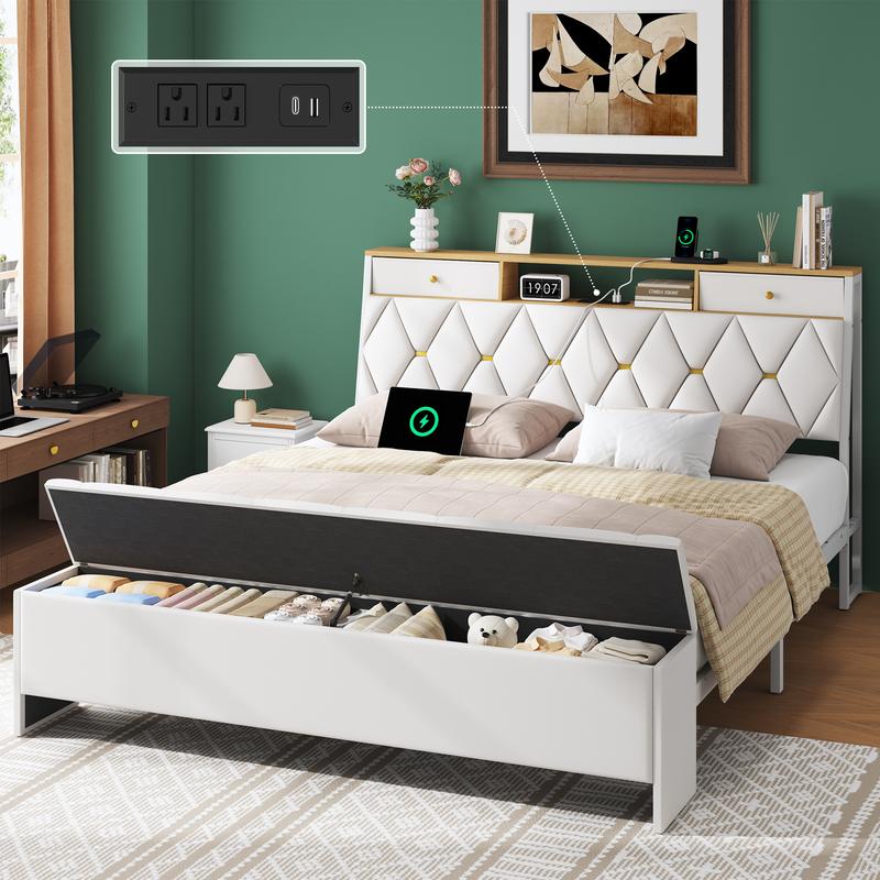 Estructura de cama con banco de almacenamiento, estación de carga y otomana; cama de plataforma de metal con cabecero con espacio de almacenamiento, cabecero de cuero de lujo, listones de alta resistencia, no requiere somier, fácil montaje