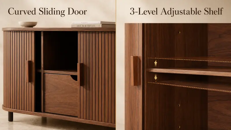 【Sliding Doors Design】ONBRILL 55"/63"/71"/86" Gorgeous Fluted TV Stand for TVs up to 60/70 Inch, Modern Entertainment Center with Power Outlet & Adjustable Shelves Storage for Living Room, Media Console,Bedroom Furniture,Christmas Gift【FallDealsForYou】