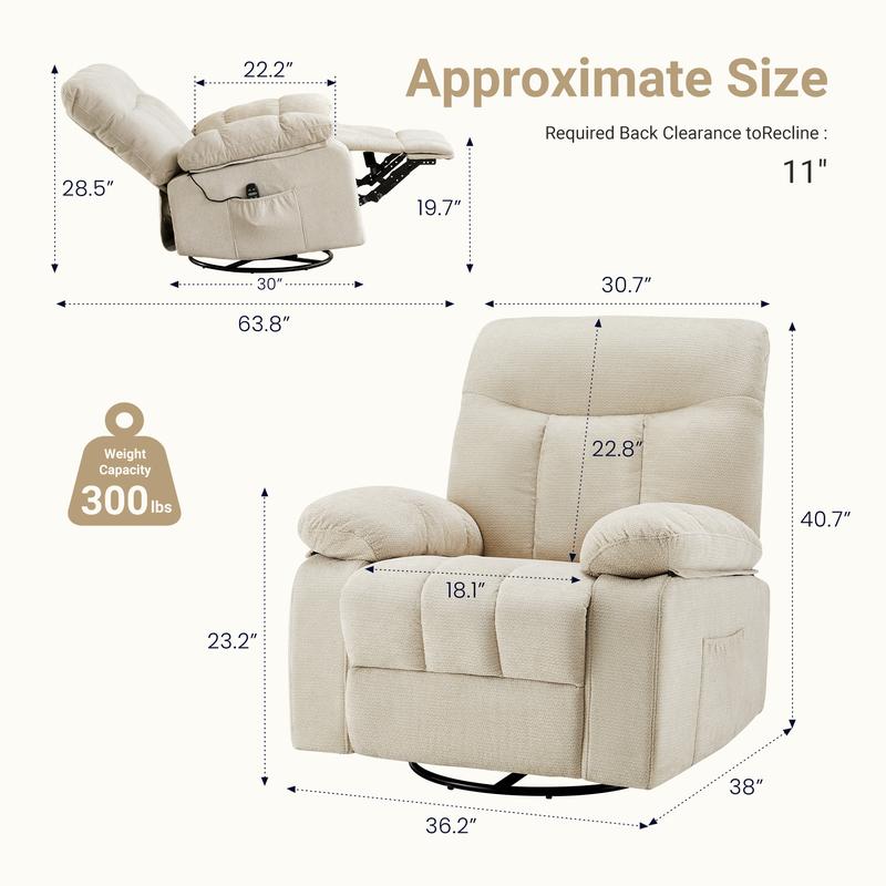 Sillón reclinable, giratorio y mecedora, de hierro resistente y estilo clásico; cuenta con rotación de 270°, tapizado en tela tipo chenilla, masaje por vibración, calefacción lumbar, reposapiés y temporizador; ideal para sala de estar y dormitorio.