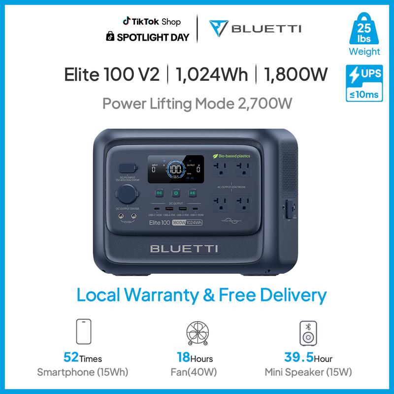 Estación de energía portátil BLUETTI Elite 100 V2 de 1024 Wh, generador solar con batería LiFePO4, equipado con 4 tomas de CA de 1800 W (pico de 3600 W) para respaldo; un 35 % más compacto, ideal para acampadas y cortes de energía (panel solar opcional).