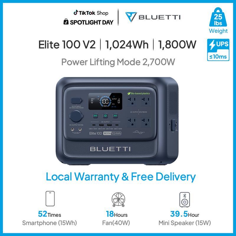Estación de energía portátil BLUETTI Elite 100 V2 de 1024 Wh, generador solar con batería LiFePO4, equipado con 4 tomas de CA de 1800 W (pico de 3600 W) para respaldo; un 35 % más compacto, ideal para acampadas y cortes de energía (panel solar opcional).