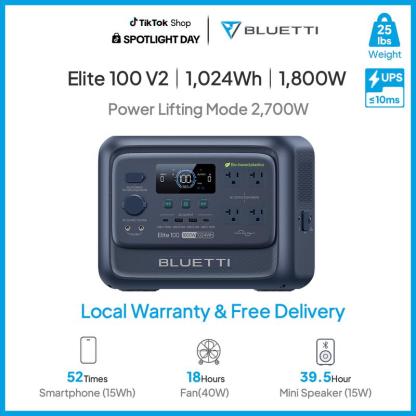 Estación de energía portátil BLUETTI Elite 100 V2 de 1024 Wh, generador solar con batería LiFePO4, equipado con 4 tomas de CA de 1800 W (pico de 3600 W) para respaldo; un 35 % más compacto, ideal para acampadas y cortes de energía (panel solar opcional).
