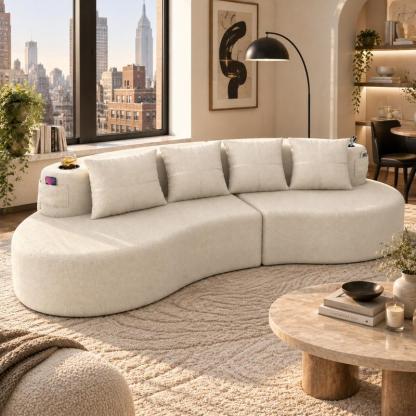 Sofá modular moderno en forma de L (sin estructura rígida visible) – Sofá de 3 plazas, cómodo y en tonos neutros, con reposabrazos horizontal, diseño curvo en forma de media luna, estética depurada, distribución flexible; ideal para la decoración de salas
