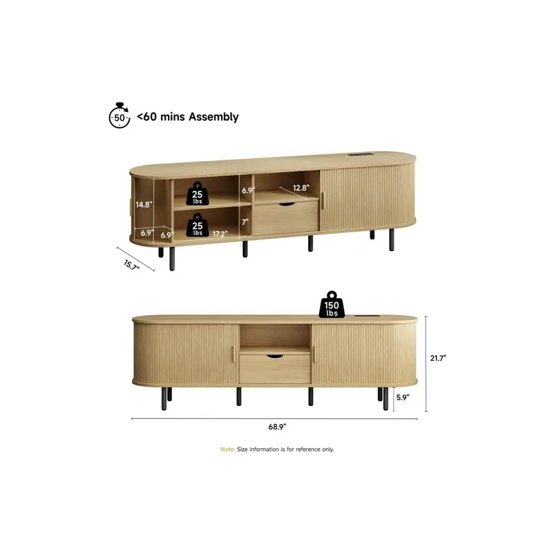 ONBRILL Modern Fluted TV Stand for Up to 70-Inch TVs - Sliding Doors and Storage