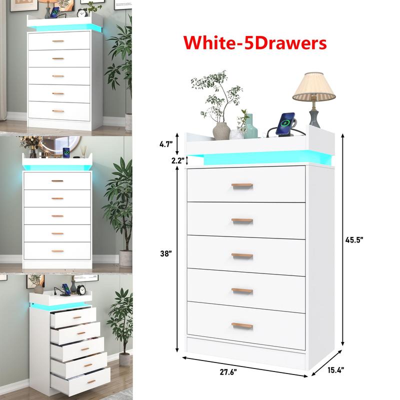 Cómoda con luz LED y estación de carga, mueble con cajones de estilo moderno para armario, organizador de cajones amplio para dormitorio, sala de estar, entrada o pasillo
