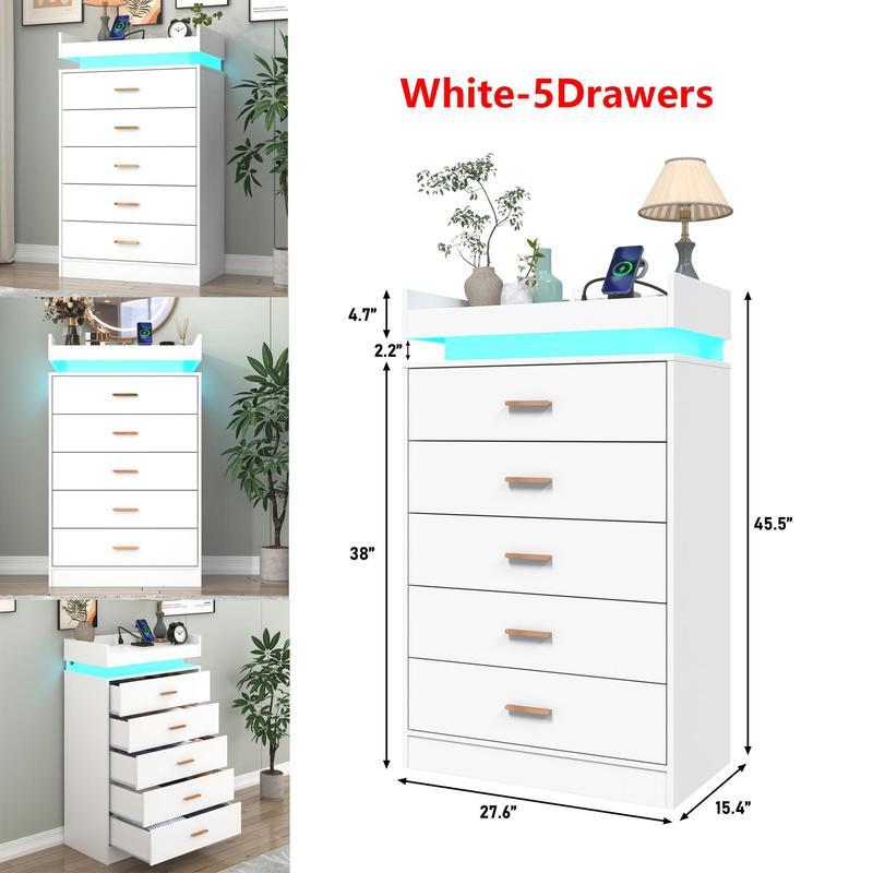 Cómoda con luz LED y estación de carga, mueble con cajones de estilo moderno para armario, organizador de cajones amplio para dormitorio, sala de estar, entrada o pasillo