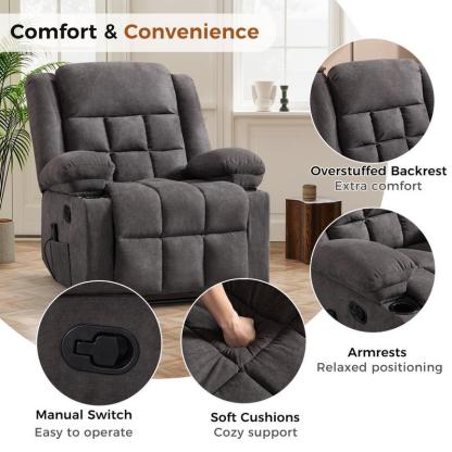 Sillón reclinable manual con masaje y calor, sillón de tela con portavasos y bolsillos de almacenamiento, cómodo y transpirable para la sala de estar