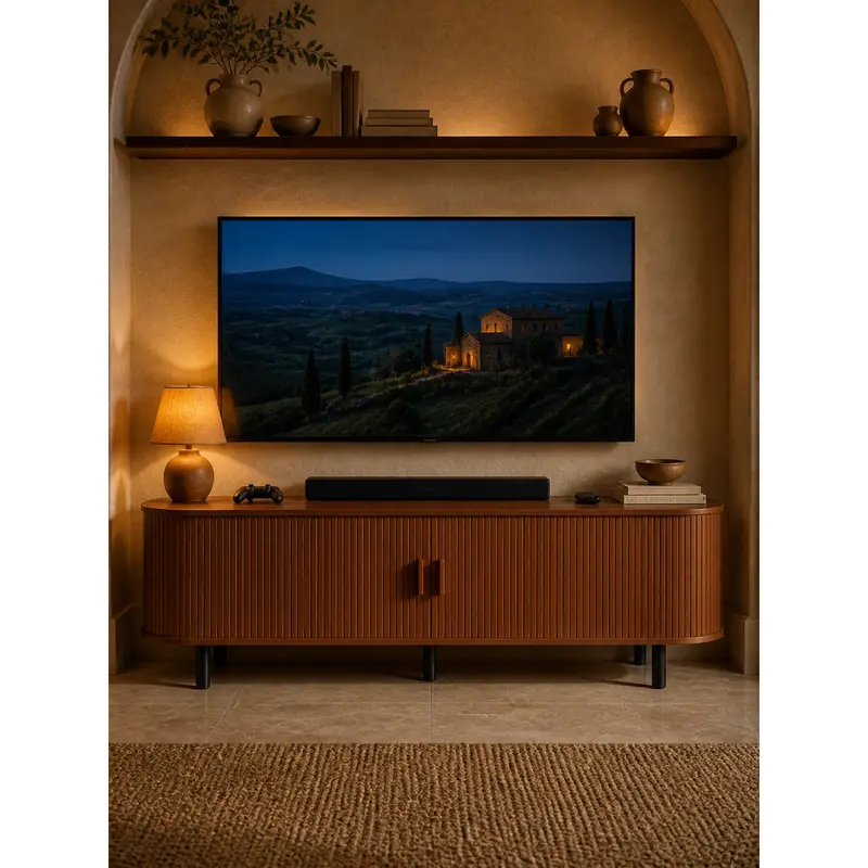 ONBRILL Modern Fluted TV Stand for Up to 70-Inch TVs - Sliding Doors and Storage