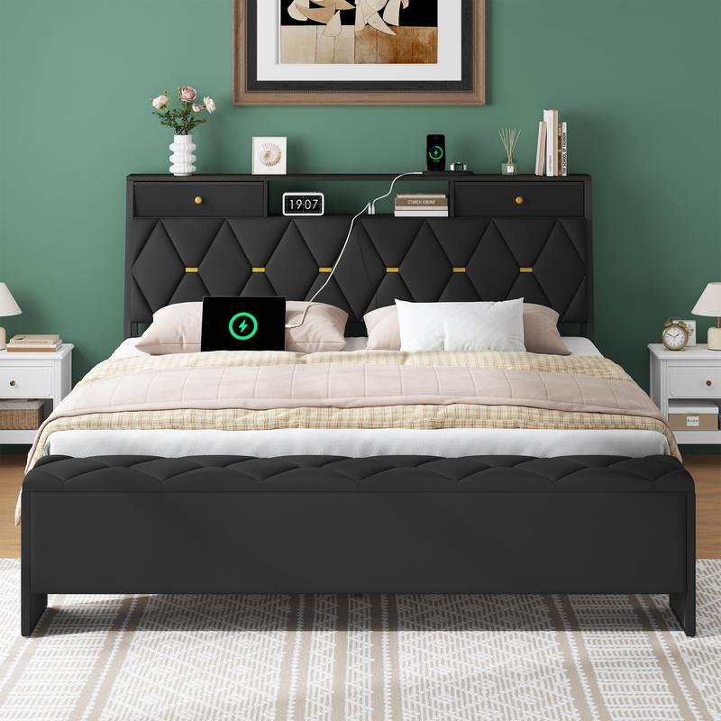 Estructura de cama con banco de almacenamiento, estación de carga y otomana; cama de plataforma de metal con cabecero con espacio de almacenamiento, cabecero de cuero de lujo, listones de alta resistencia, no requiere somier, fácil montaje