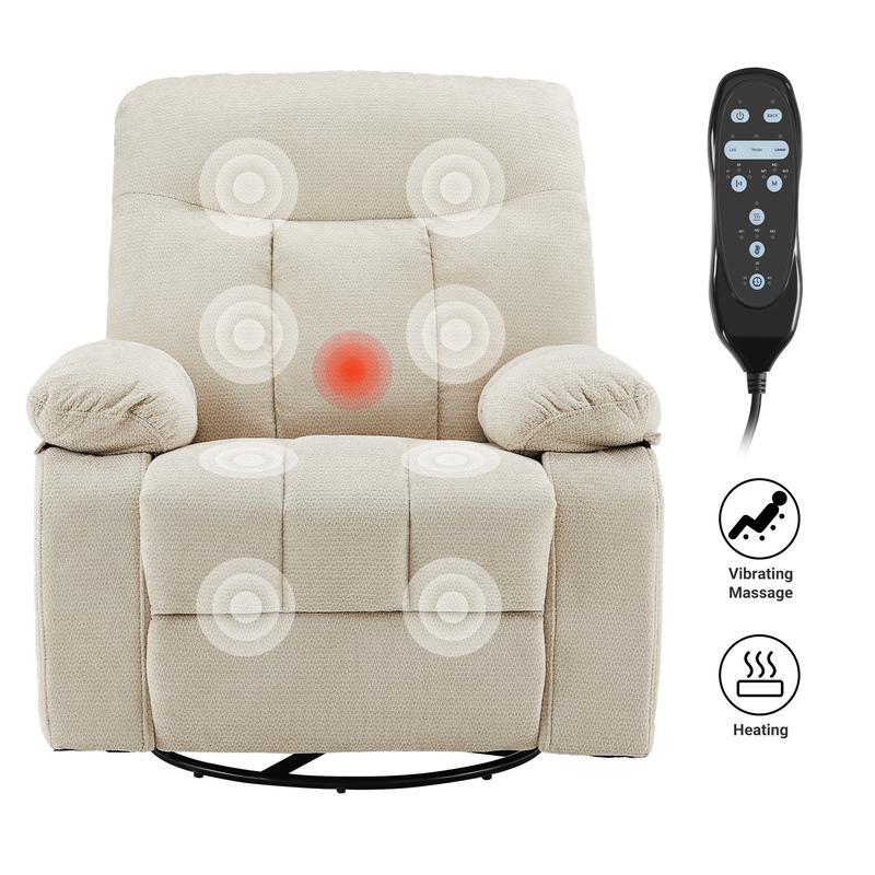 Sillón reclinable, giratorio y mecedora, de hierro resistente y estilo clásico; cuenta con rotación de 270°, tapizado en tela tipo chenilla, masaje por vibración, calefacción lumbar, reposapiés y temporizador; ideal para sala de estar y dormitorio.