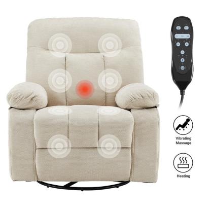 Sillón reclinable, giratorio y mecedora, de hierro resistente y estilo clásico; cuenta con rotación de 270°, tapizado en tela tipo chenilla, masaje por vibración, calefacción lumbar, reposapiés y temporizador; ideal para sala de estar y dormitorio.