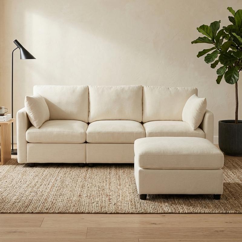 Conjunto de sofá modular en forma de L estilo «nube» – Sofá seccional de chenilla con otomana, cojines con muelles ensacados, diseño reconfigurable, tejido resistente a la formación de bolitas; mueble de salón moderno en color beige con asientos profundos