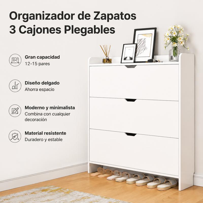 Organizador de Zapatero de Madera con 3 Cajones Plegables, Armario Moderno y Delgado para 12-15 Pares, Almacenamiento Minimalista para Entrada, Dormitorio o Pasillo, 80x17x115cm (Arce)