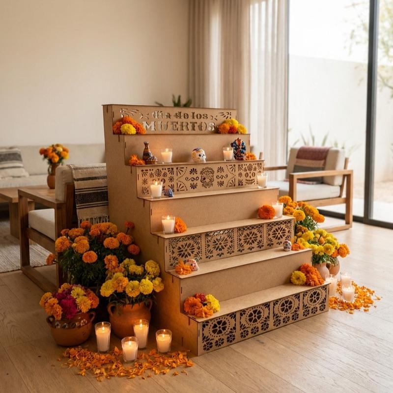 Mega Altar 7 Pisos para Día de Muertos MDF 100x80x80 cm Decorativo Fácil Armado Personalizable y Reutilizable Ideal para Hogares y Eventos