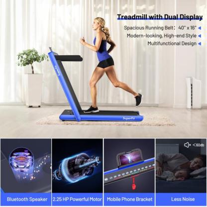 Cinta de correr 2 en 1, cinta eléctrica para caminar o trotar (hasta 7,5 mph/12 km/h) diseñada para usar bajo el escritorio; incluye doble pantalla, altavoz Bluetooth, aplicación móvil y control remoto. Dispositivo portátil de velocidad ajustable, ideal p