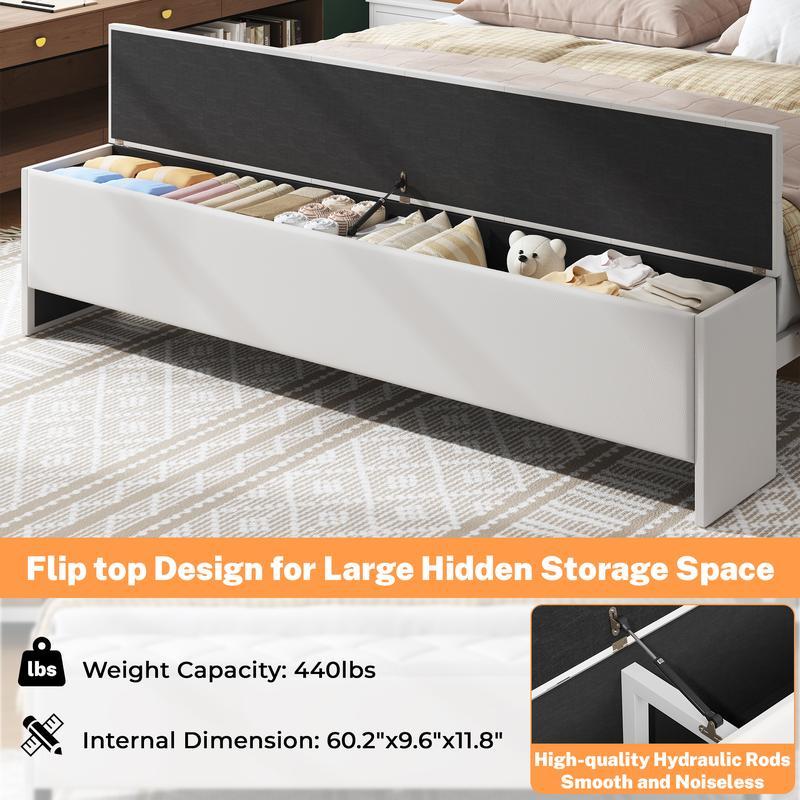 Estructura de cama con banco de almacenamiento, estación de carga y otomana; cama de plataforma de metal con cabecero con espacio de almacenamiento, cabecero de cuero de lujo, listones de alta resistencia, no requiere somier, fácil montaje