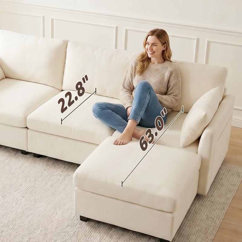Conjunto de sofá modular en forma de L estilo «nube» – Sofá seccional de chenilla con otomana, cojines con muelles ensacados, diseño reconfigurable, tejido resistente a la formación de bolitas; mueble de salón moderno en color beige con asientos profundos
