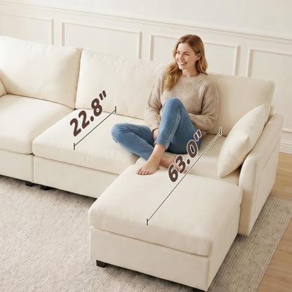 Conjunto de sofá modular en forma de L estilo «nube» – Sofá seccional de chenilla con otomana, cojines con muelles ensacados, diseño reconfigurable, tejido resistente a la formación de bolitas; mueble de salón moderno en color beige con asientos profundos