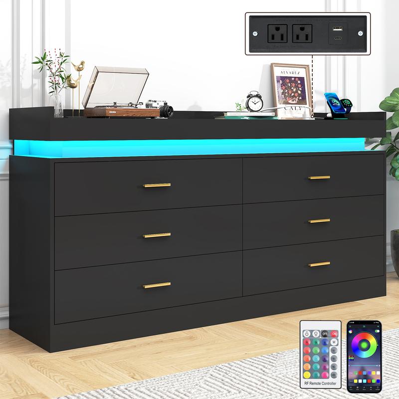 Cómoda con luz LED y estación de carga, mueble con cajones de estilo moderno para armario, organizador de cajones amplio para dormitorio, sala de estar, entrada o pasillo