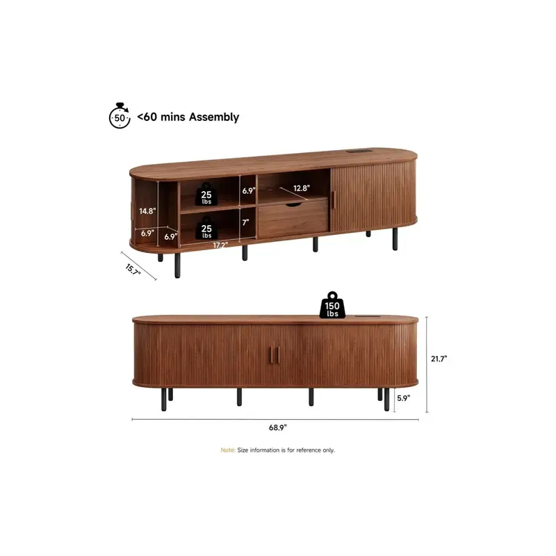 ONBRILL Modern Fluted TV Stand for Up to 70-Inch TVs - Sliding Doors and Storage