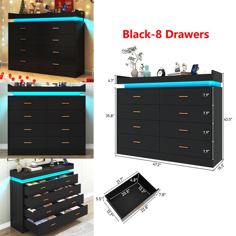 Cómoda con luz LED y estación de carga, mueble con cajones de estilo moderno para armario, organizador de cajones amplio para dormitorio, sala de estar, entrada o pasillo