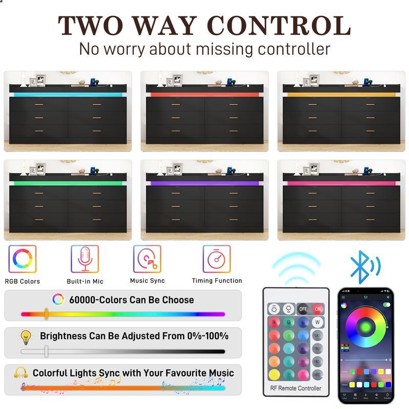 Cómoda con luz LED y estación de carga, mueble con cajones de estilo moderno para armario, organizador de cajones amplio para dormitorio, sala de estar, entrada o pasillo