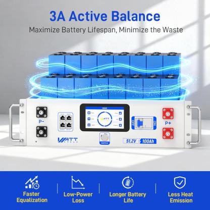 Batería LiFePO4 de 48 V y 100 Ah para rack de servidores (formato 3U): paquete de baterías recargables de alto rendimiento, equilibrado activo (velocidad 100 veces superior), pantalla LCD, comunicación inteligente por Bluetooth, capacidad de apilamiento d