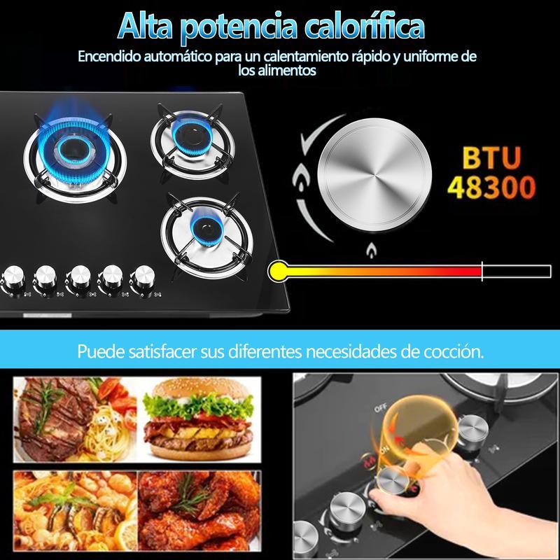 Estufa de Gas Empotrable 5 Quemadores, Vidrio Templado, Rejillas de Hierro Fundido, Encendido Automático, Alta Potencia 48300 BTU para Cocina Moderna