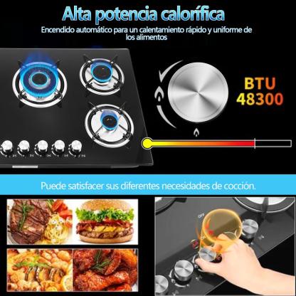 Estufa de Gas Empotrable 5 Quemadores, Vidrio Templado, Rejillas de Hierro Fundido, Encendido Automático, Alta Potencia 48300 BTU para Cocina Moderna