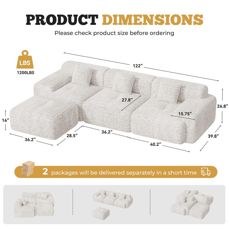 Sofá seccional en forma de L, robusto y tapizado (122 pulgadas) – Sofá moderno de 4 plazas en tejido tipo chenilla, modelo tipo «nube»; sofá convertible preensamblado con brazos fijos, tela transpirable y otomana configurable para la sala de estar. La oto