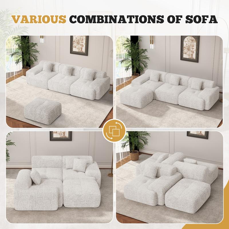 Sofá seccional en forma de L, robusto y tapizado (122 pulgadas) – Sofá moderno de 4 plazas en tejido tipo chenilla, modelo tipo «nube»; sofá convertible preensamblado con brazos fijos, tela transpirable y otomana configurable para la sala de estar. La oto