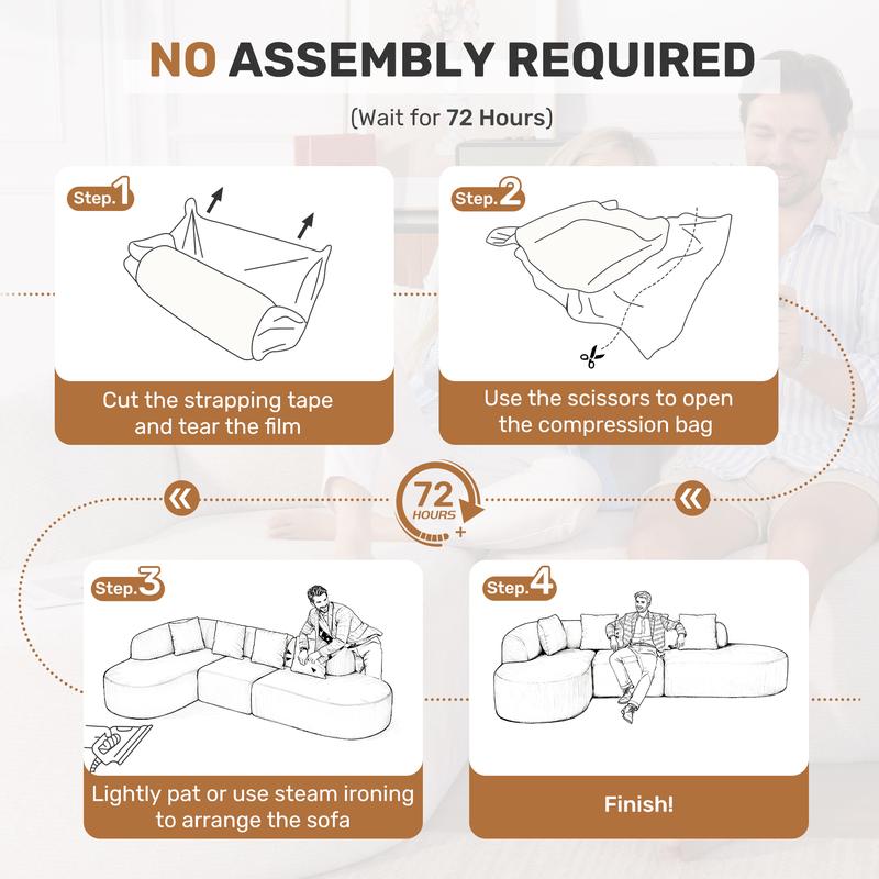 Sofá modular moderno en forma de L de 114 pulgadas con chaise longue, estilo «nube» y sin necesidad de montaje
