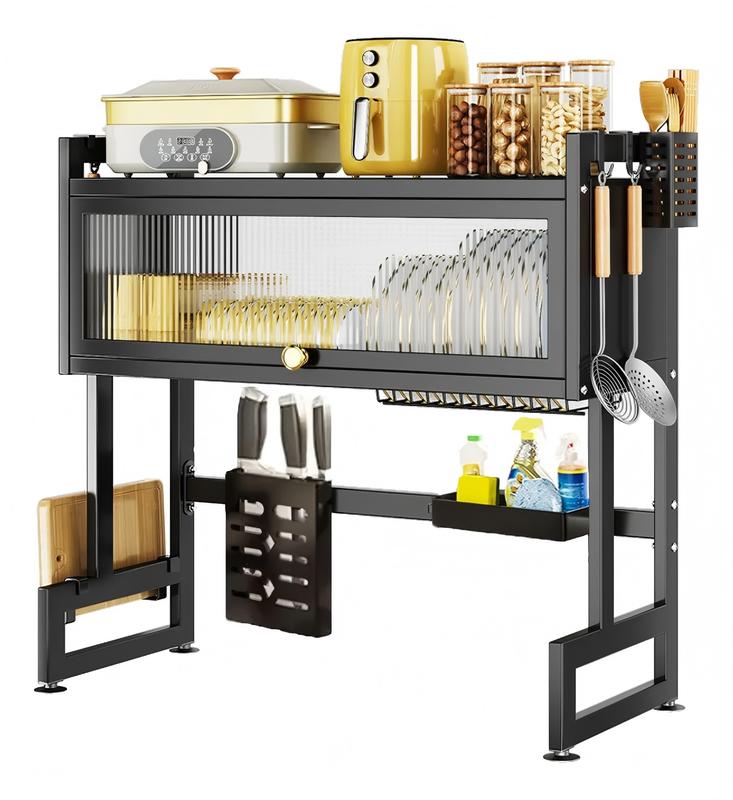 Escurridor de platos con solapa para sobre el fregadero, extensible, para encimera, con cubertero y escurridor, ahorra espacio. Organizador de platos de 3 niveles, cubertero, cesta, tabla de cortar, 6 ganchos (85 x 30 x 80 cm)
