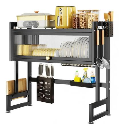Escurridor de platos con solapa para sobre el fregadero, extensible, para encimera, con cubertero y escurridor, ahorra espacio. Organizador de platos de 3 niveles, cubertero, cesta, tabla de cortar, 6 ganchos (85 x 30 x 80 cm)