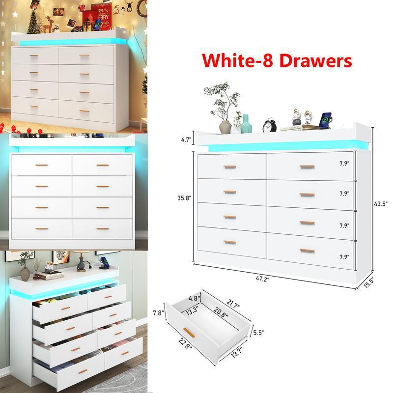 Cómoda con luz LED y estación de carga, mueble con cajones de estilo moderno para armario, organizador de cajones amplio para dormitorio, sala de estar, entrada o pasillo