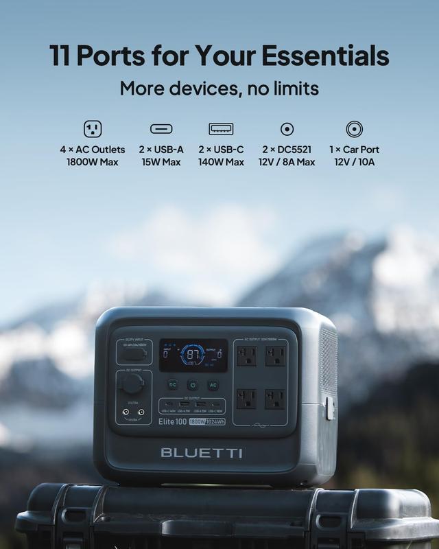 Estación de energía portátil BLUETTI Elite 100 V2 de 1024 Wh, generador solar con batería LiFePO4, equipado con 4 tomas de CA de 1800 W (pico de 3600 W) para respaldo; un 35 % más compacto, ideal para acampadas y cortes de energía (panel solar opcional).