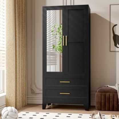 Armario ropero de metal de 71 pulgadas de alto para dormitorio, con espejo, 2 cajones, estantes ajustables y barra para colgar; armario de acero para ropa y almacenamiento en el dormitorio