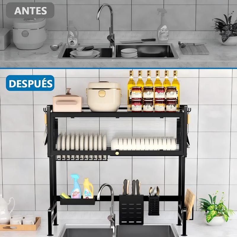 Escurridor de platos con solapa para sobre el fregadero, extensible, para encimera, con cubertero y escurridor, ahorra espacio. Organizador de platos de 3 niveles, cubertero, cesta, tabla de cortar, 6 ganchos (85 x 30 x 80 cm)