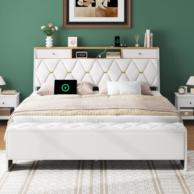 Estructura de cama con banco de almacenamiento, estación de carga y otomana; cama de plataforma de metal con cabecero con espacio de almacenamiento, cabecero de cuero de lujo, listones de alta resistencia, no requiere somier, fácil montaje